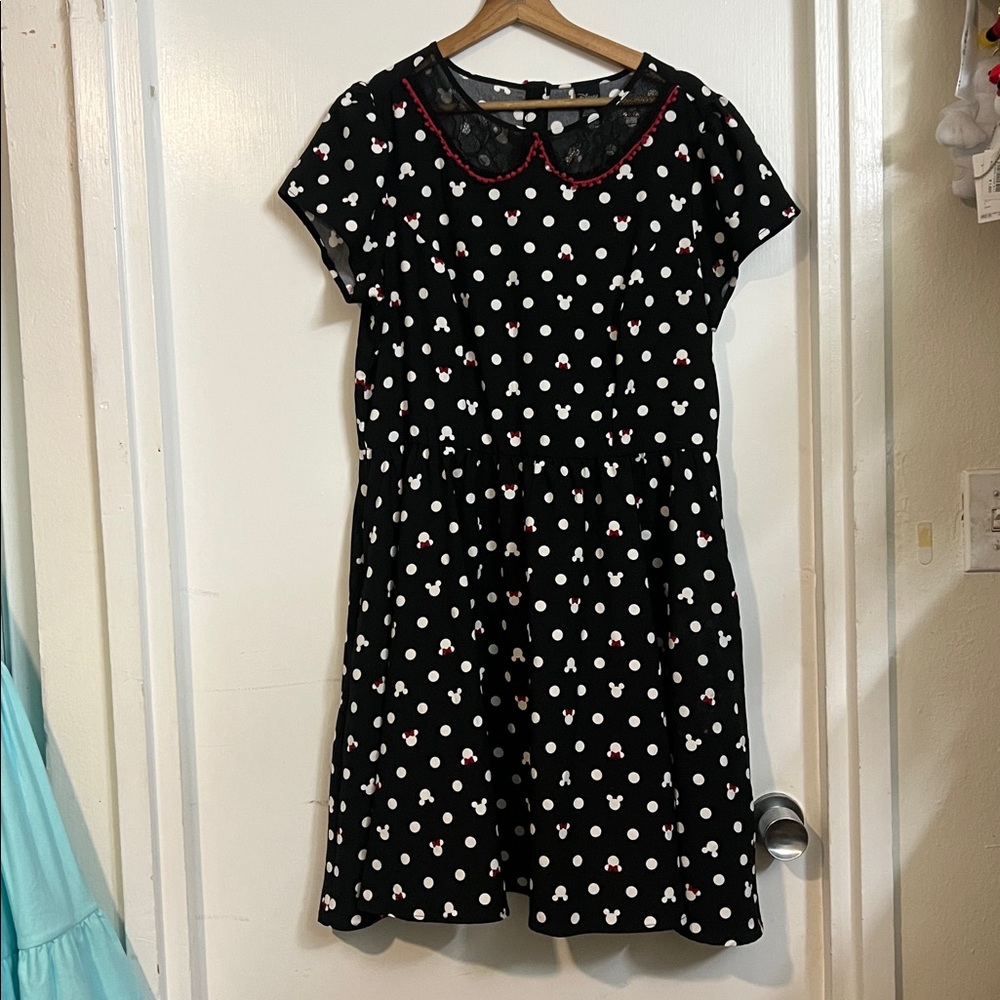 Disney Black Dot-Print Short Sleeve Dress with Peter Pan Collar
